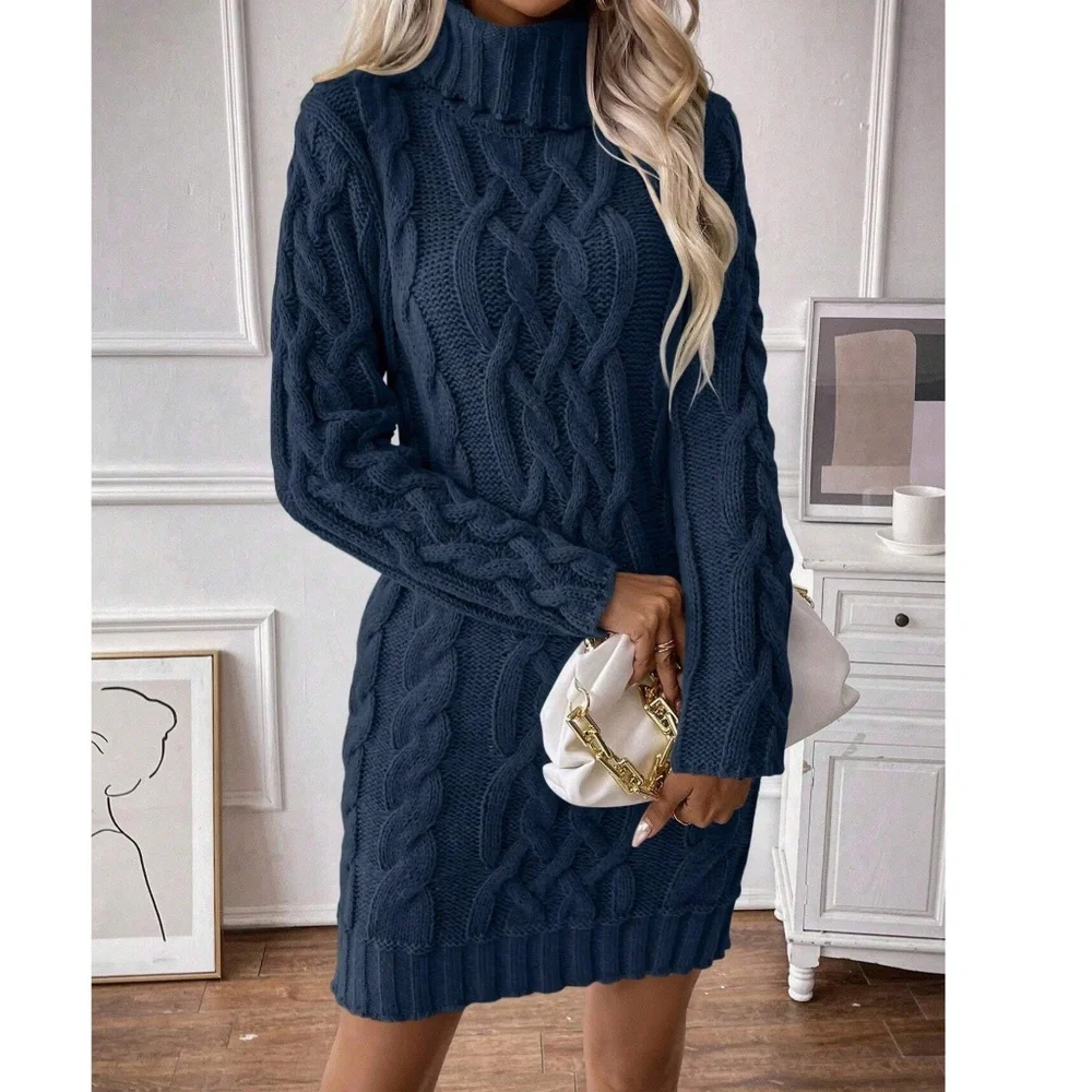 Cozy Solid Turtleneck Chunky Knit Sweater Dress - Picture 3 of 8